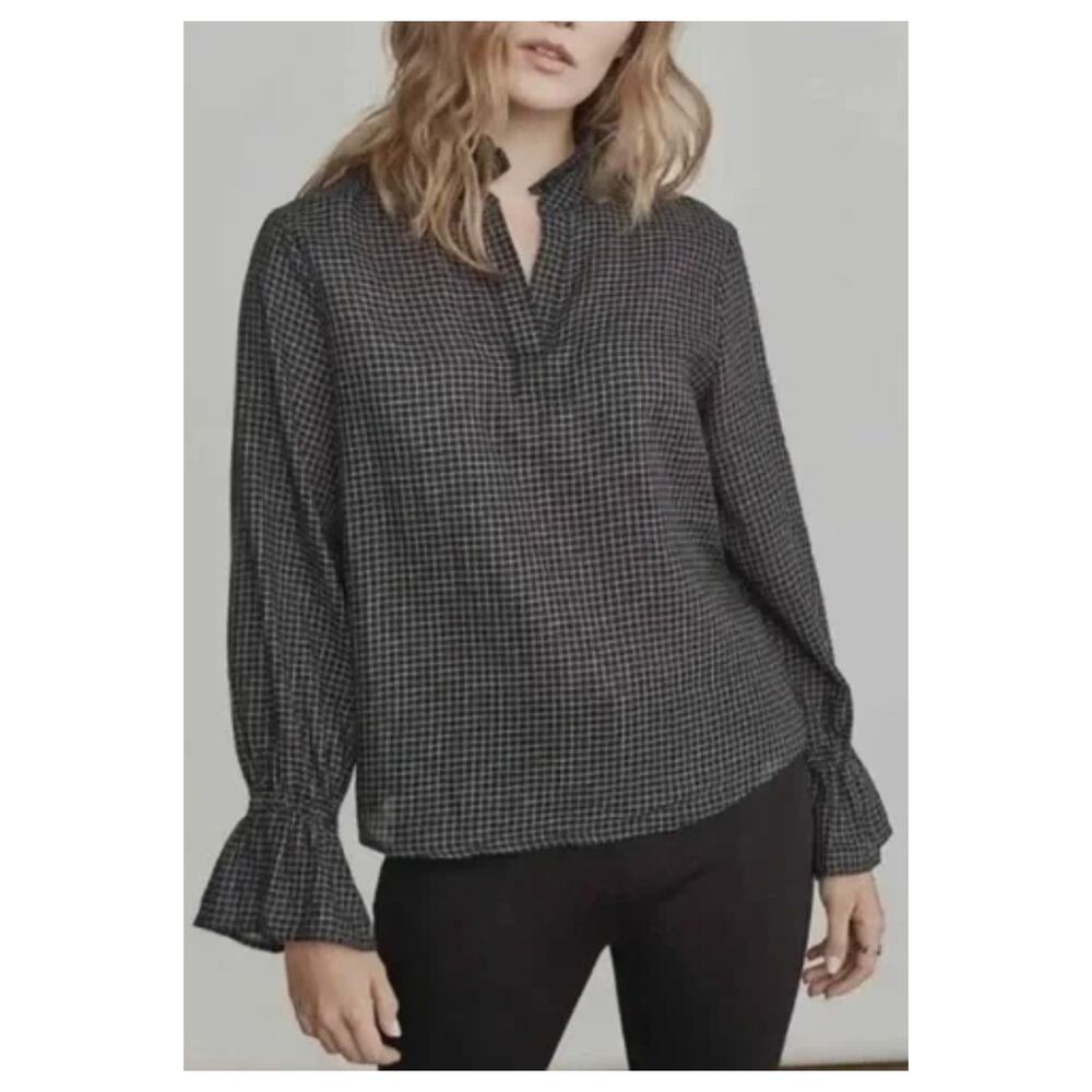 Elizabeth and James Grid Pattern Blouse Black White Medium Long Sleeve Office
